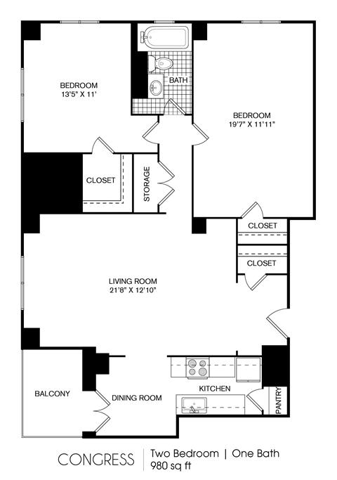 Floor plan for 2 beds, 1 bath, 980 sqft